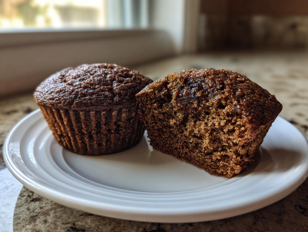 Two dark brown bran muffins on a white plate, one whole and one sliced to show the moist interior texture.