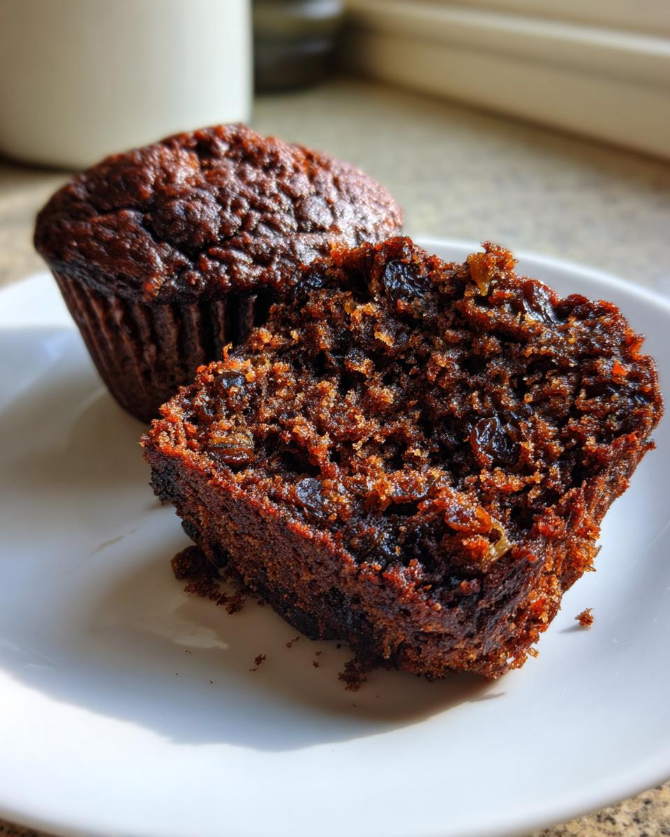 Close-up of a dark, moist bran muffin cut in half showing raisins and crumb texture.
