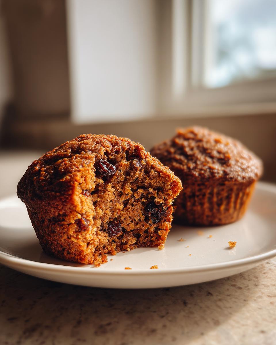 Close-up of moist bran muffins, one with a bite taken out showing raisins inside.