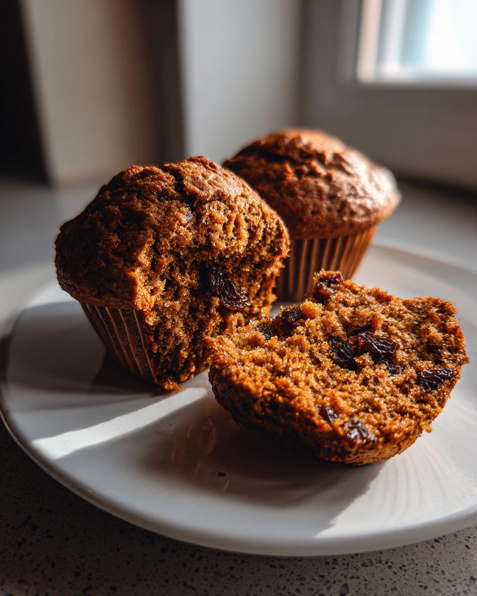 Close-up of moist bran muffins, one split open revealing raisins, on a white plate.