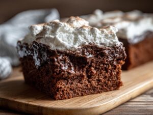 Close-up of a rich, moist slice of chocolate poke cake topped with thick white frosting or whipped cream.