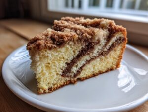 A close-up of a moist slice of coffee cake featuring a cinnamon swirl and crumb topping on a white plate.