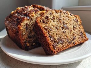 Close-up of a slice of moist date nut bread next to the loaf, showing nuts and dark fruit pieces inside.