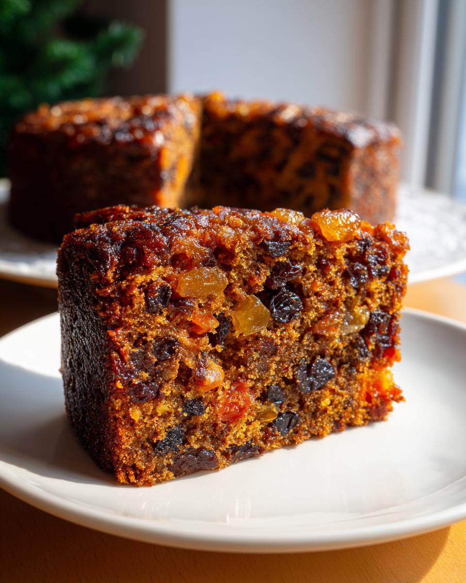 Close-up of a moist slice of fruit cake loaded with dark and golden dried fruits on a white plate.