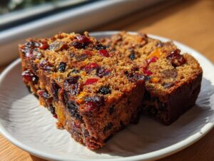 Two thick slices of moist fruit cake, rich with dried fruits, sitting on a white plate in bright sunlight.