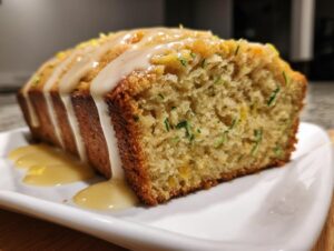 A thick slice of moist lemon zucchini bread topped with a thick, dripping lemon glaze.