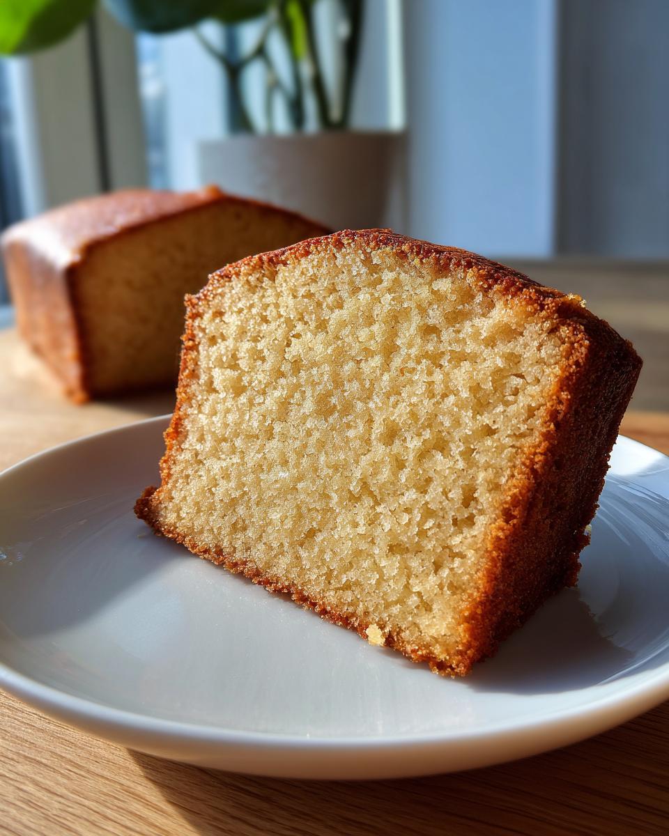 Close-up of a moist slice of olive oil cake on a white plate, showing its golden crumb.
