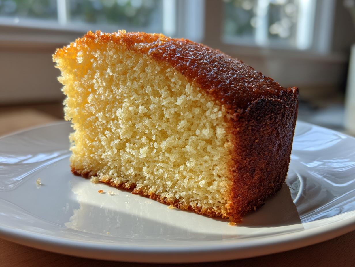 A close-up of a moist slice of yellow olive oil cake with a golden-brown, slightly caramelized crust.