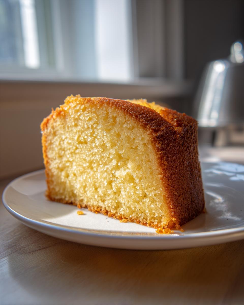 Close-up of a moist, golden slice of olive oil cake on a white plate, highlighted by natural light.