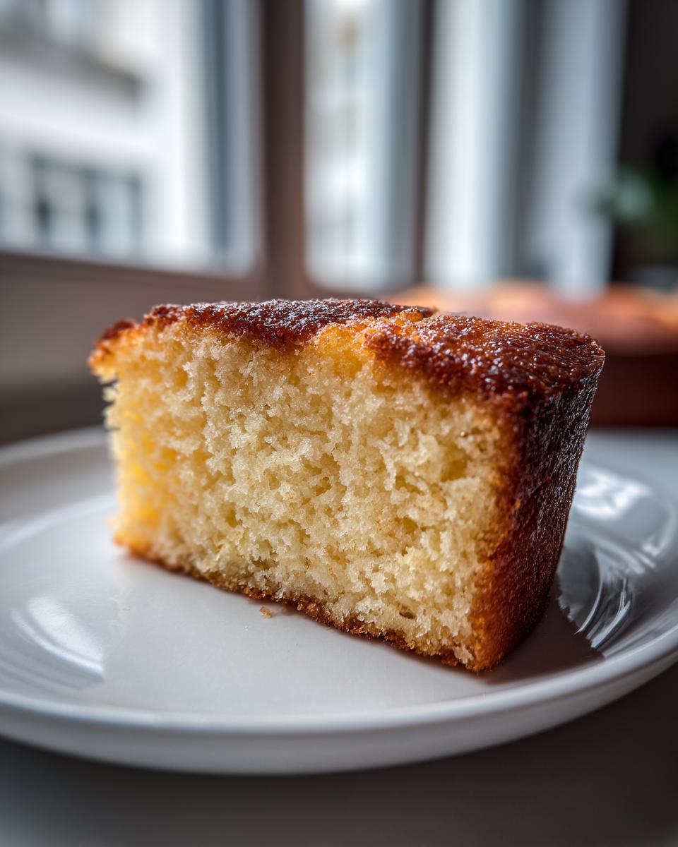Close-up of a moist slice of golden olive oil cake sitting on a white plate.
