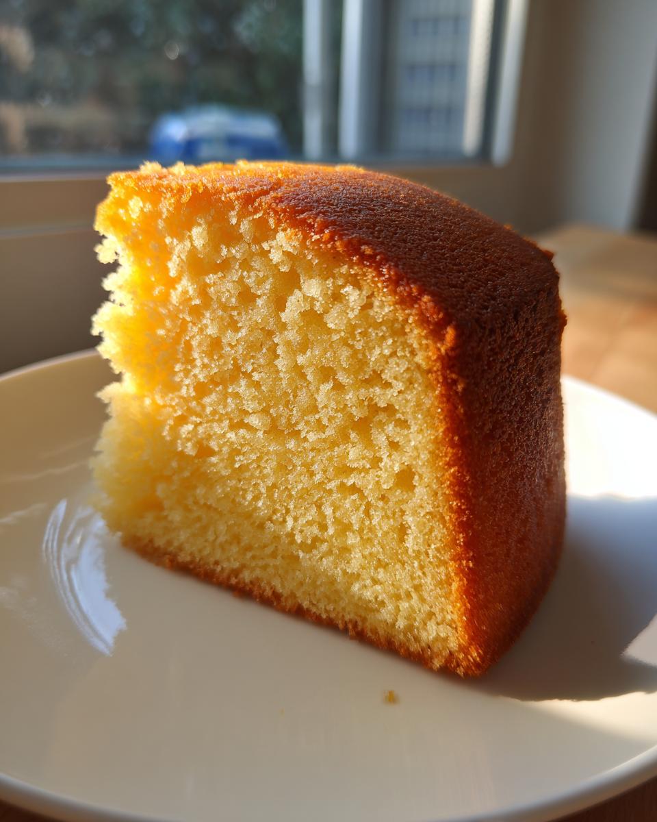 Close-up of a moist, golden slice of olive oil cake sitting on a white plate in bright sunlight.