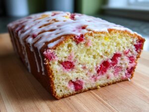 A close-up view of a moist strawberry bread loaf, showing bright red fruit pieces and a sweet white glaze drizzled on top.
