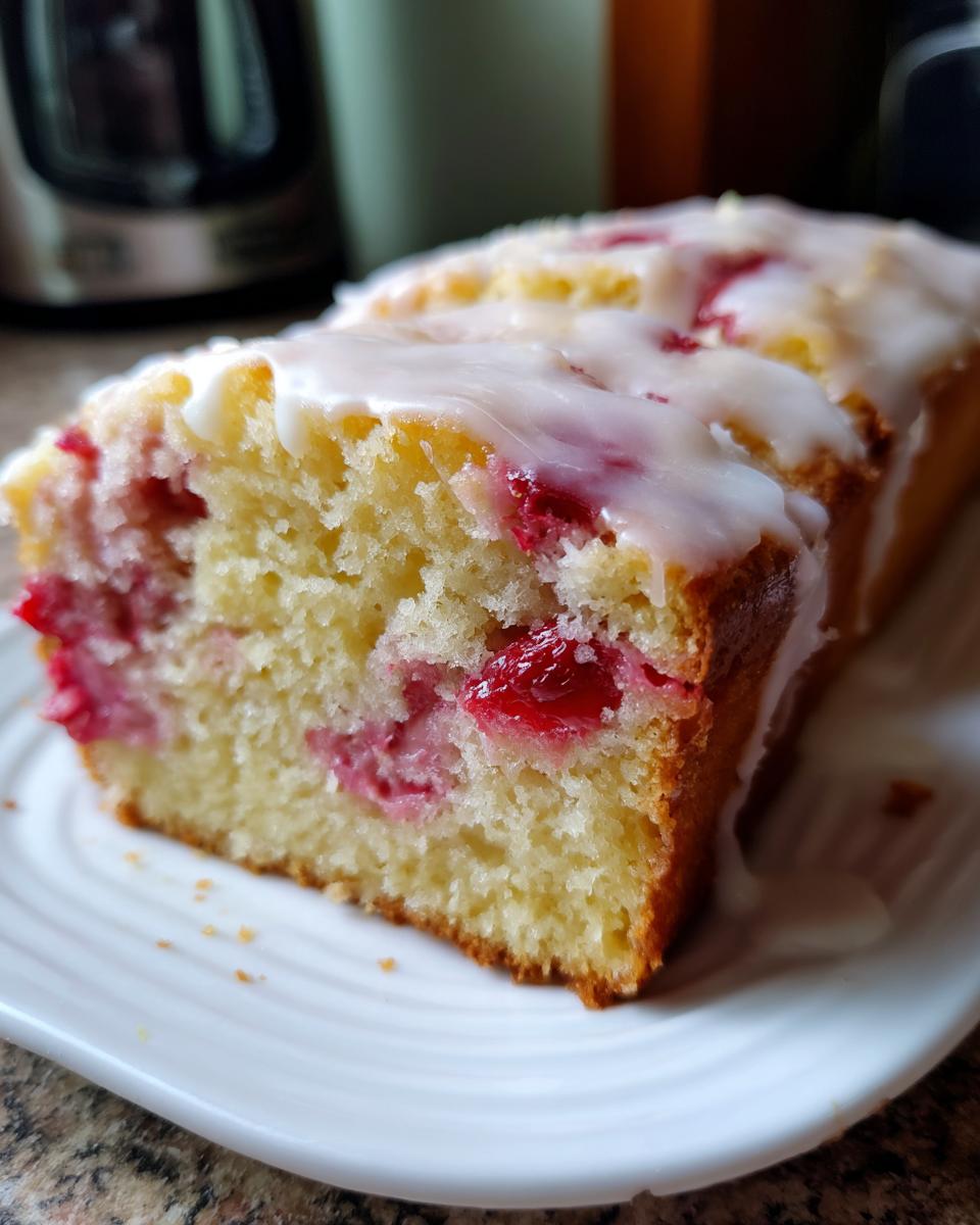 Close-up of a slice of moist strawberry bread topped with a thick vanilla glaze, showing bright pink fruit pieces inside.