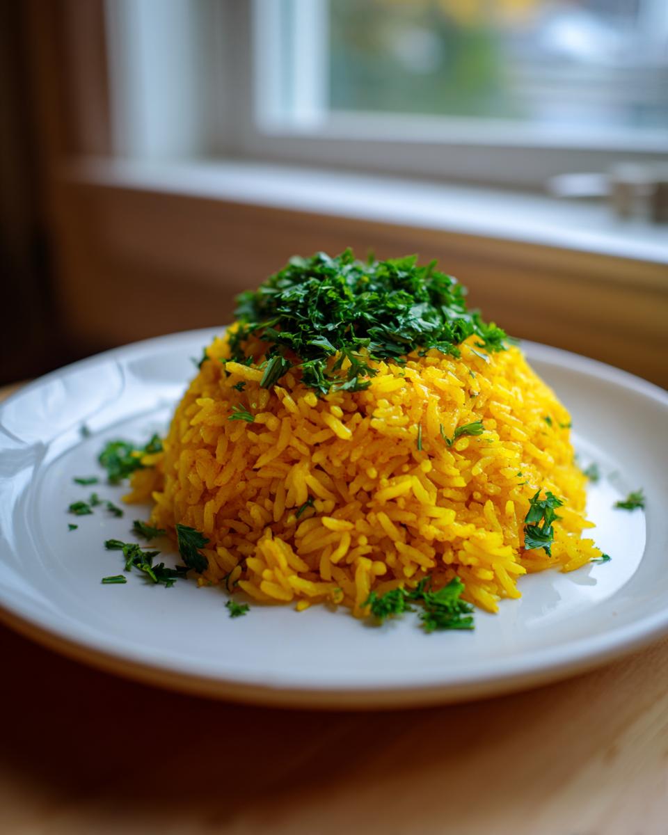 A mound of bright yellow turmeric rice garnished generously with chopped fresh parsley on a white plate.