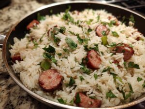 Close-up of a one-pot sausage and rice dish, featuring sliced, browned sausage mixed with white rice and fresh parsley.