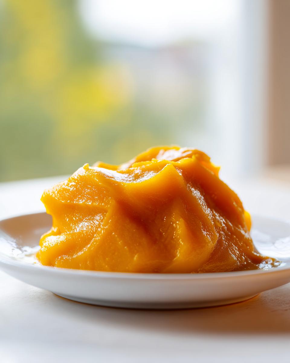 A mound of bright orange puree, likely pumpkin or squash, sitting on a small white plate, possibly an ingredient for nacho cheese sauce.