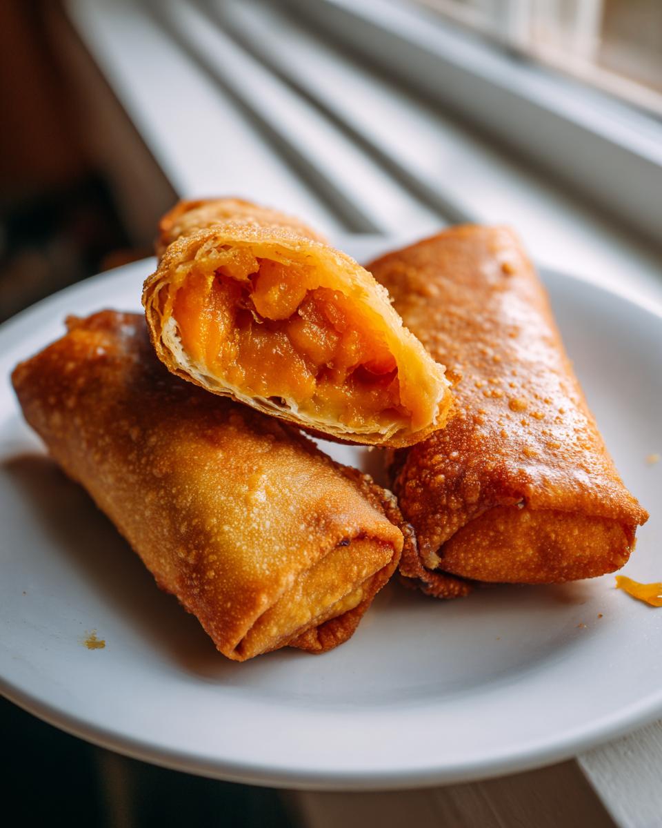 Close-up of golden brown peach cobbler egg rolls, one cut open showing the warm, chunky peach filling.