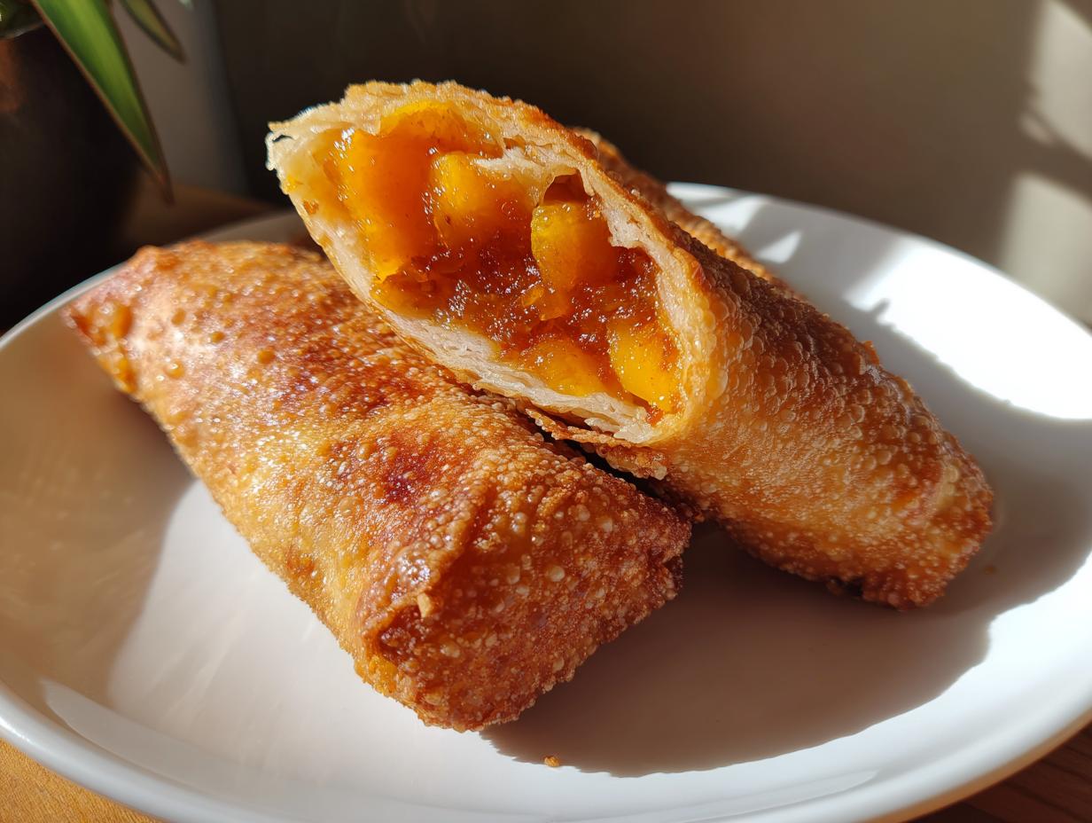 Two crispy, golden-brown peach cobbler egg rolls on a white plate, one cut open showing the sweet peach filling.