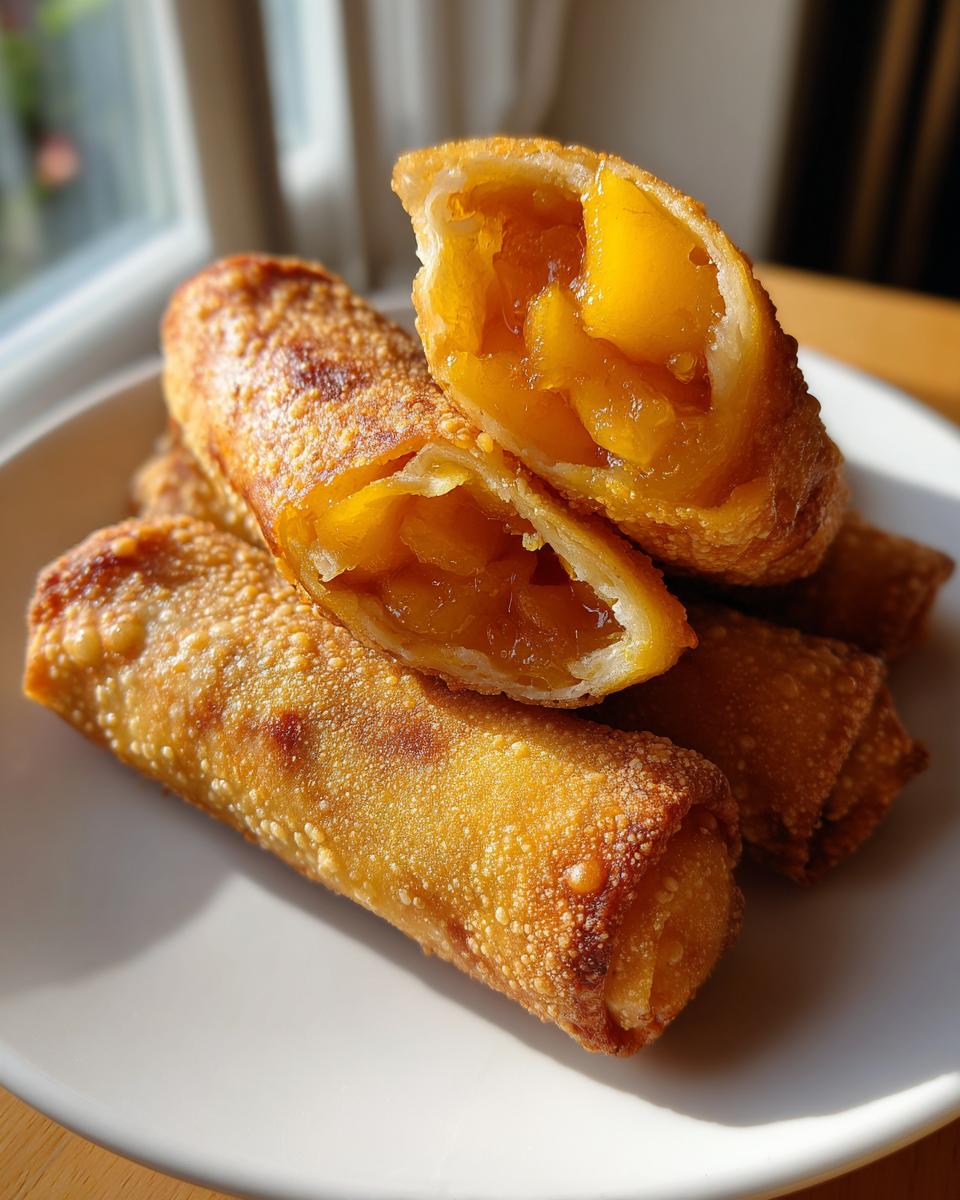 Close-up of crispy peach cobbler egg rolls, one cut open showing the sweet peach filling.