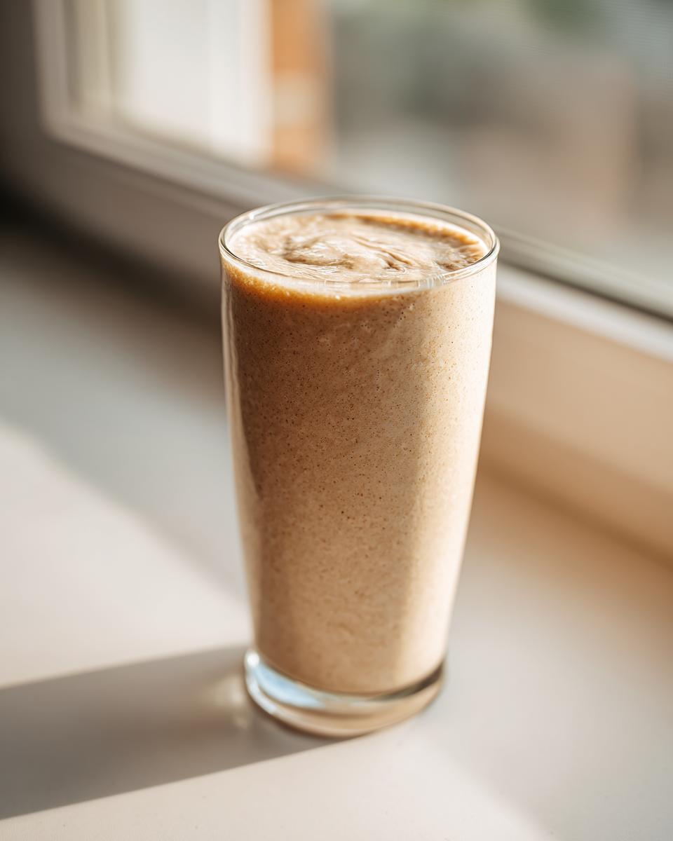 A tall glass filled with a thick, light brown peanut butter banana smoothie sitting on a bright windowsill.