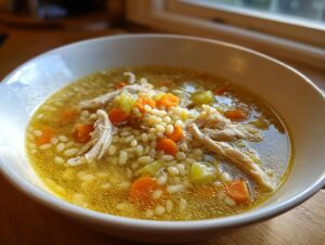 A close-up of a white bowl filled with rich, golden penicillin soup, featuring shredded chicken, carrots, celery, and orzo pasta.