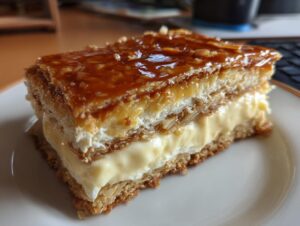 Close-up of a perfect slice of bee sting cake showing layers of pastry, cream filling, and caramelized almond topping.