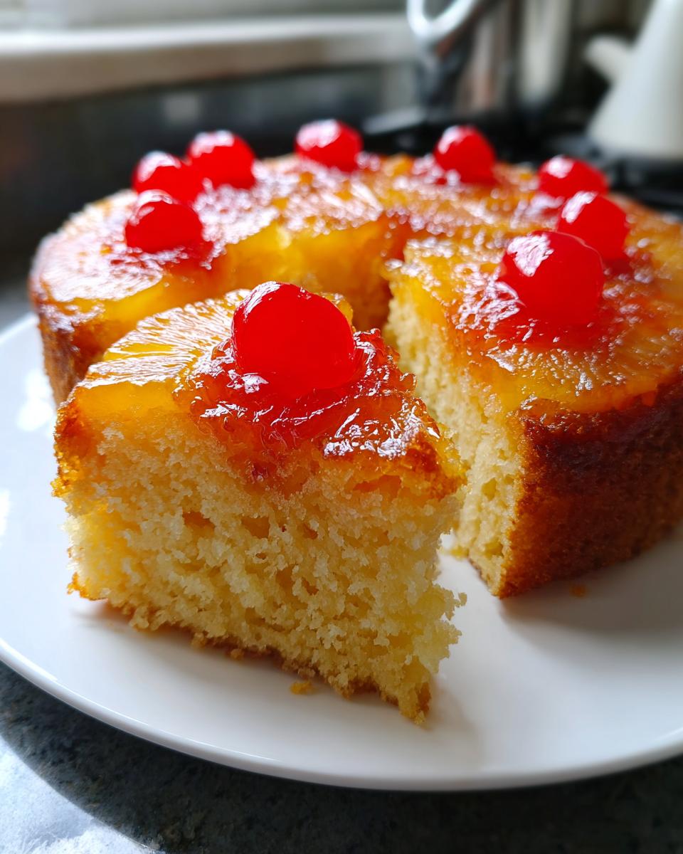 A slice of moist pineapple upside down cake topped with caramelized pineapple and bright red maraschino cherries.