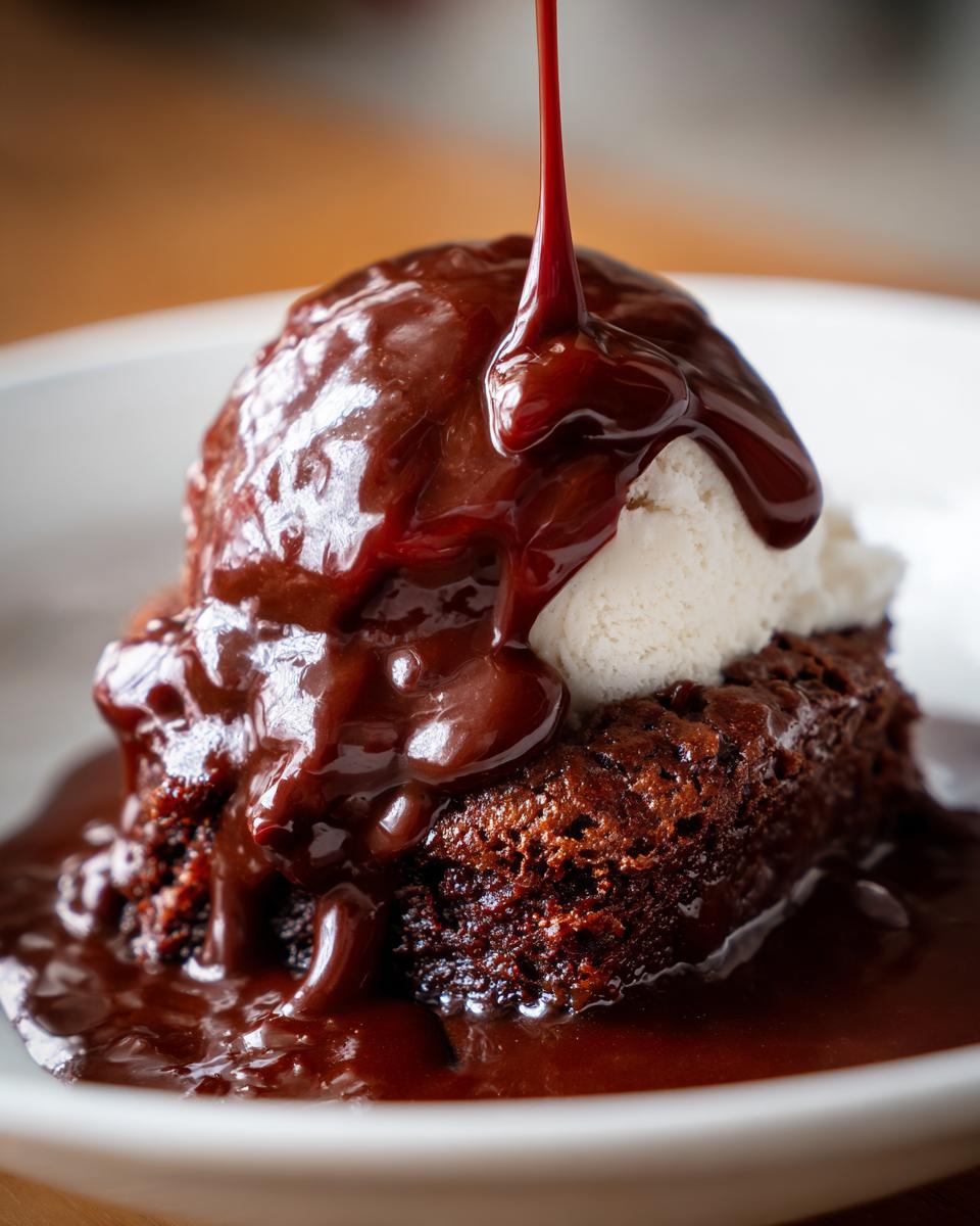 A rich, glossy chocolate sauce recipe being poured over a scoop of vanilla ice cream on a brownie.