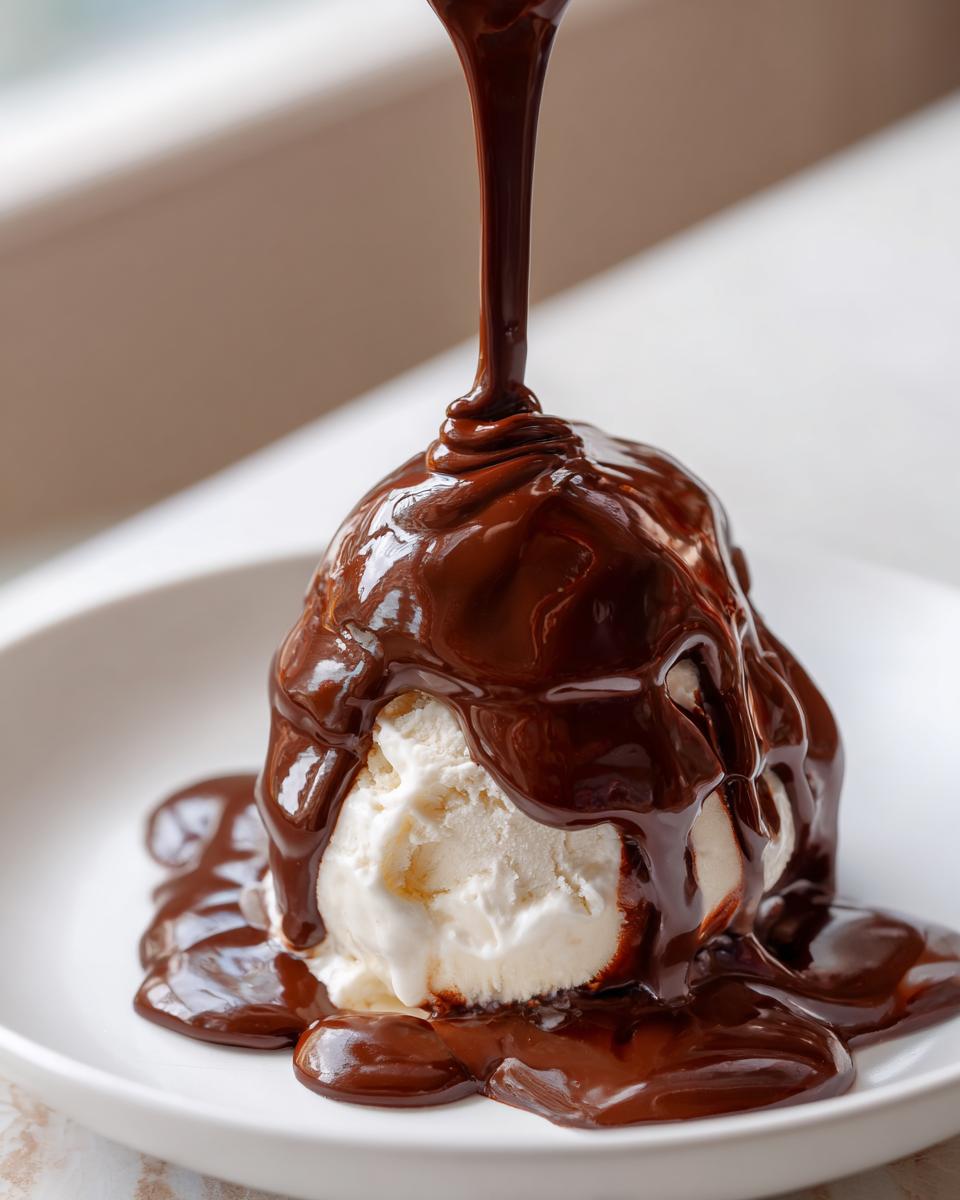 Thick, glossy homemade chocolate sauce recipe being poured over a scoop of vanilla ice cream.