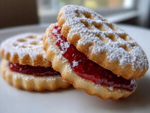 Two delicious linzer cookies filled with bright red raspberry jam and dusted heavily with powdered sugar.