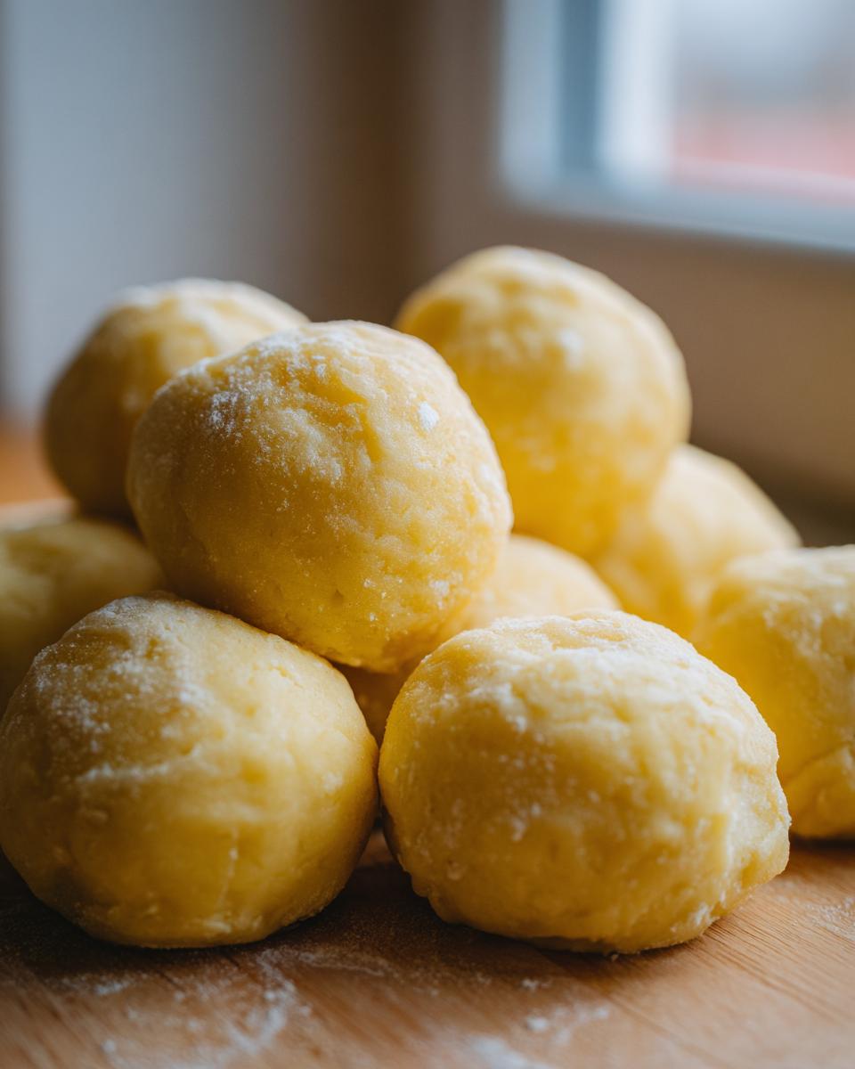 Close-up of several raw, yellow potato dumplings lightly dusted with flour on a wooden board.