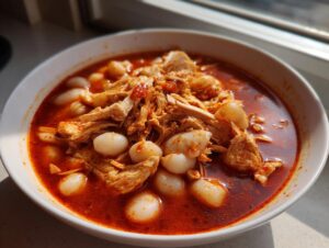 Close-up of a white bowl filled with rich red chicken pozole, featuring shredded chicken and large hominy kernels.