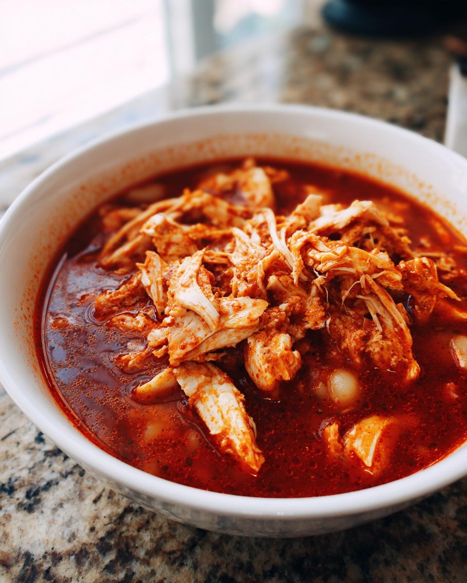 Close-up of a white bowl filled with vibrant red chicken pozole, featuring shredded chicken and hominy.