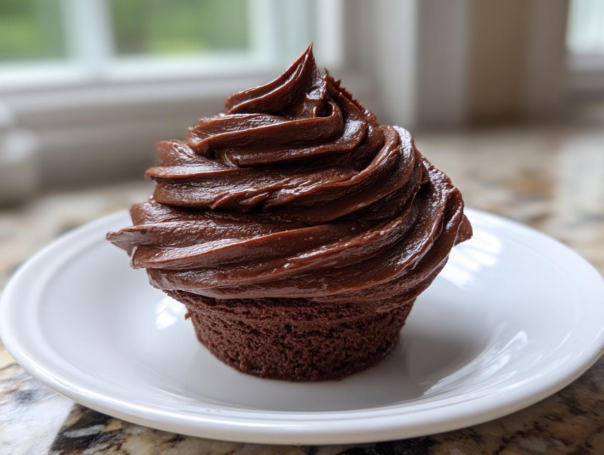 A close-up of a chocolate cupcake generously topped with glossy, perfectly piped chocolate frosting.