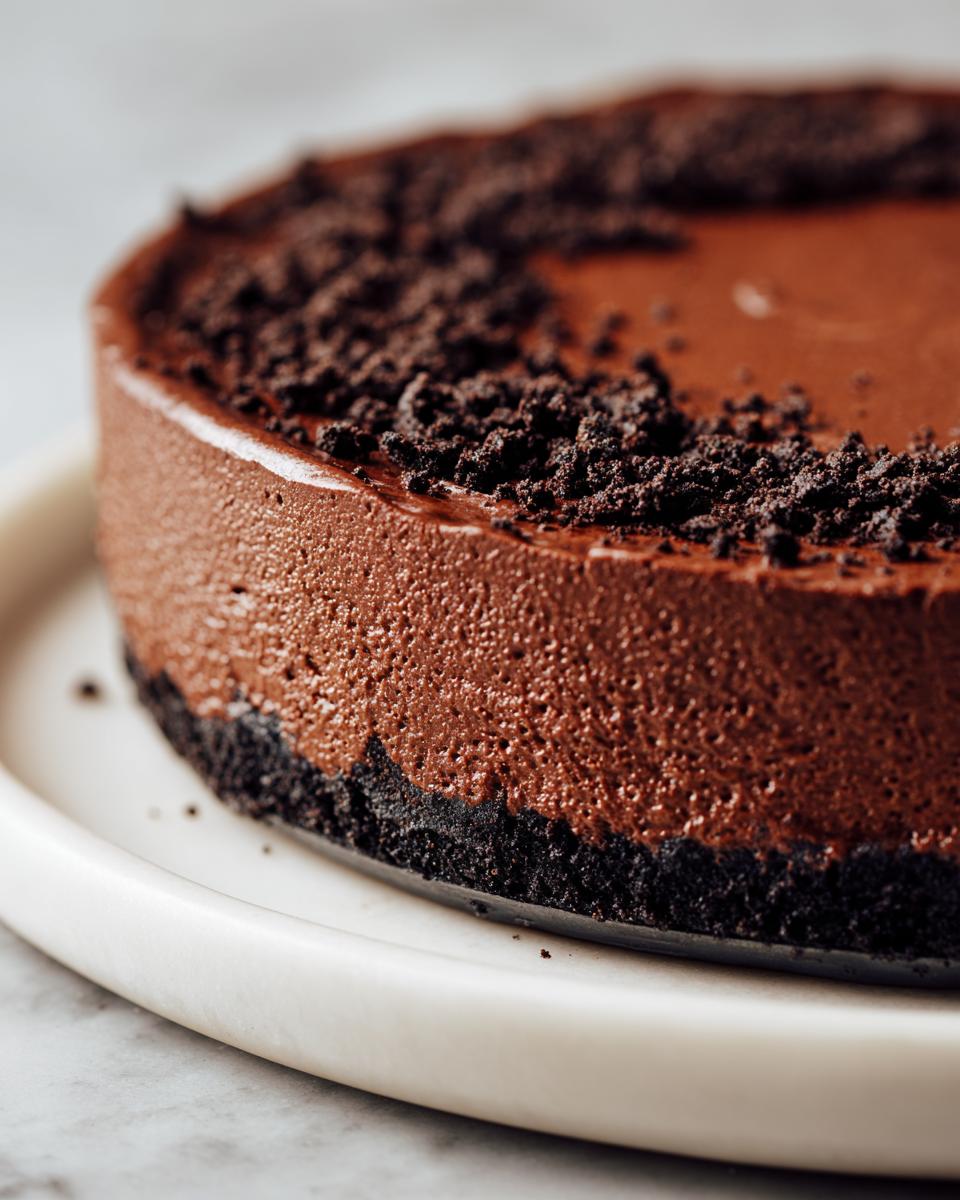 Close-up of a rich chocolate mousse pie featuring a dark crumb crust and sprinkled chocolate crumbs on top.