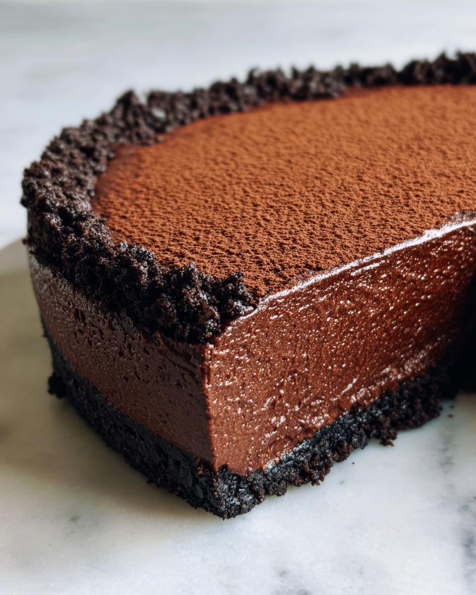 A close-up view of a rich, dark chocolate mousse pie slice with a thick crumb crust, dusted with cocoa powder.