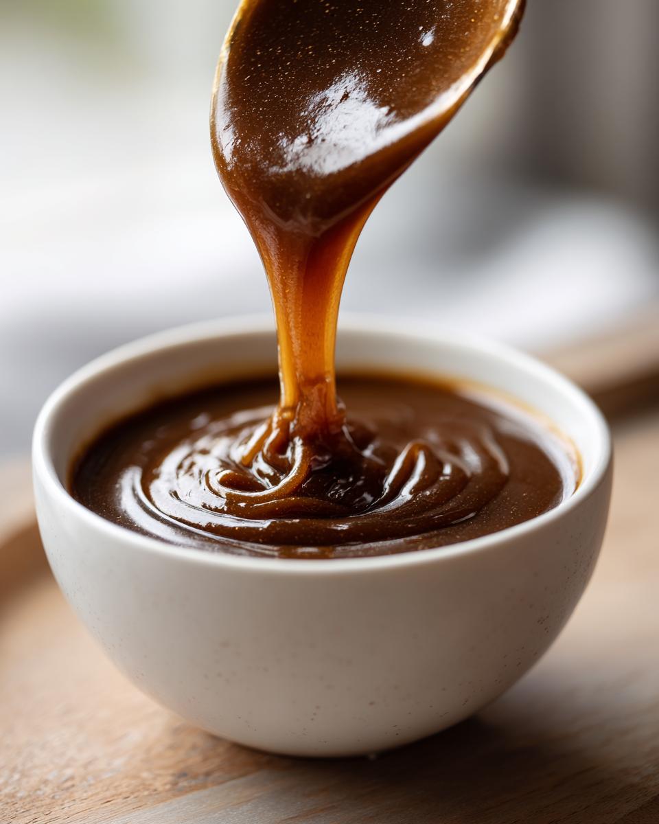 Close-up of thick, rich brown turkey gravy being poured from a spoon into a small white bowl.