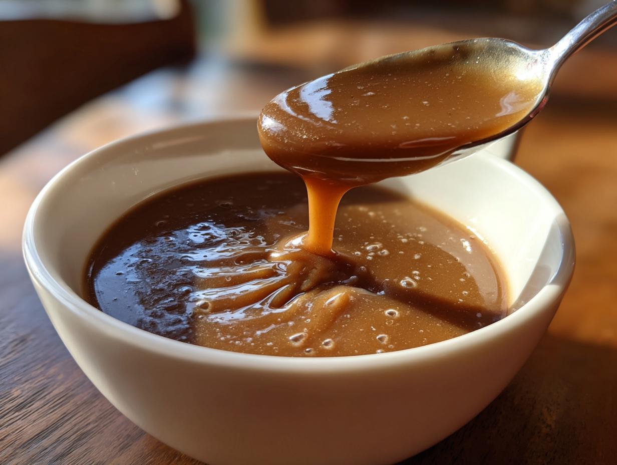 Close-up of thick, rich brown turkey gravy being drizzled from a spoon into a white bowl.