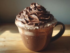 A close-up of a mug overflowing with rich, dark chocolate whipped hot chocolate, topped with a swirl of whipped cream.