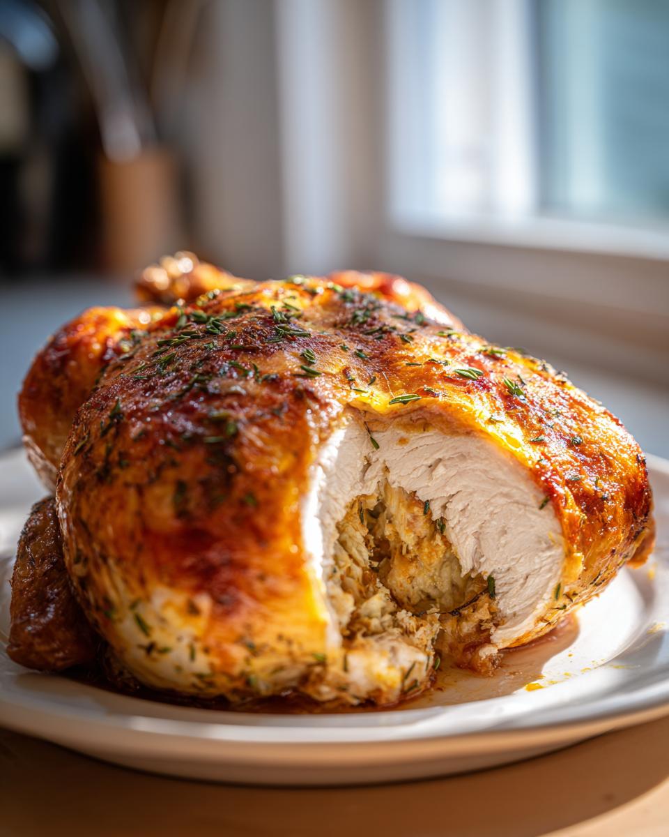 A perfectly roasted whole chicken, cut to show moist white meat and stuffing inside.