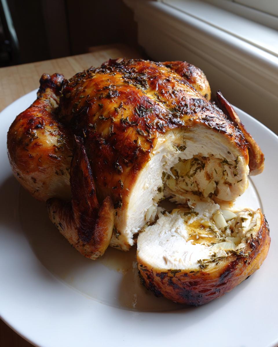 A perfectly roasted whole chicken, sliced to show moist white meat and herb stuffing inside.