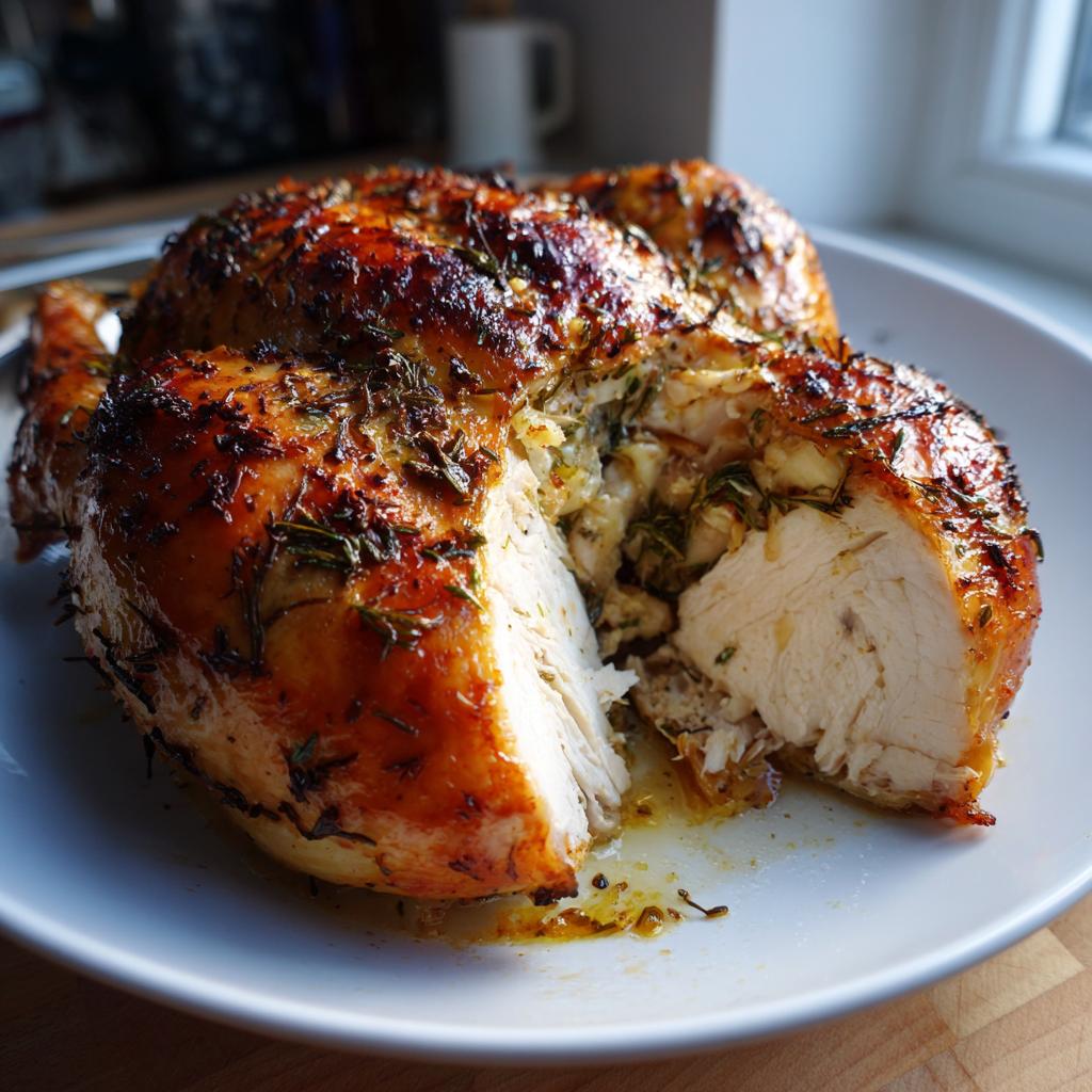 A perfectly roasted whole chicken, sliced open to show moist white meat and herb stuffing.