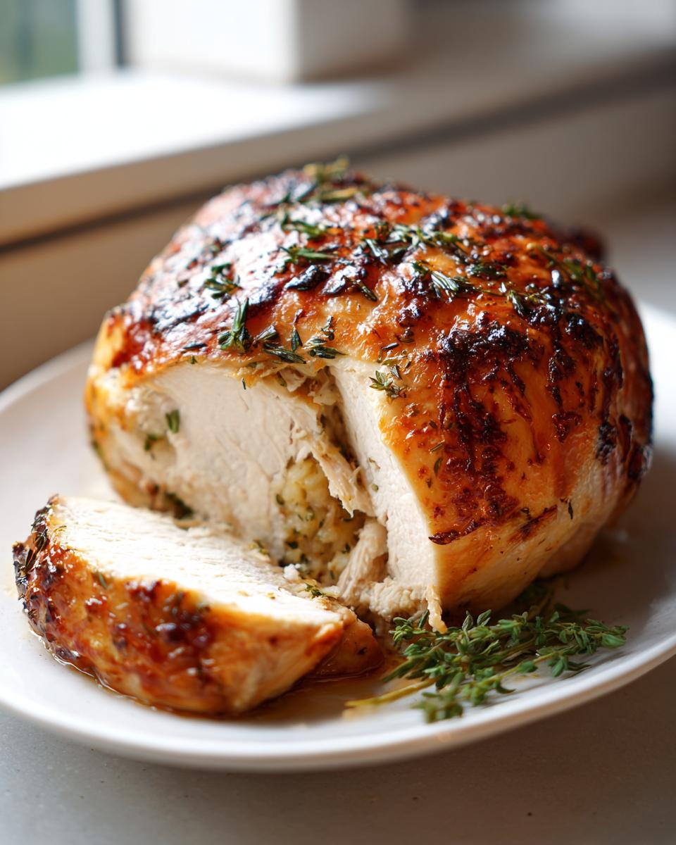 A perfectly roasted whole chicken, sliced to show moist white meat and stuffing, garnished with fresh thyme.