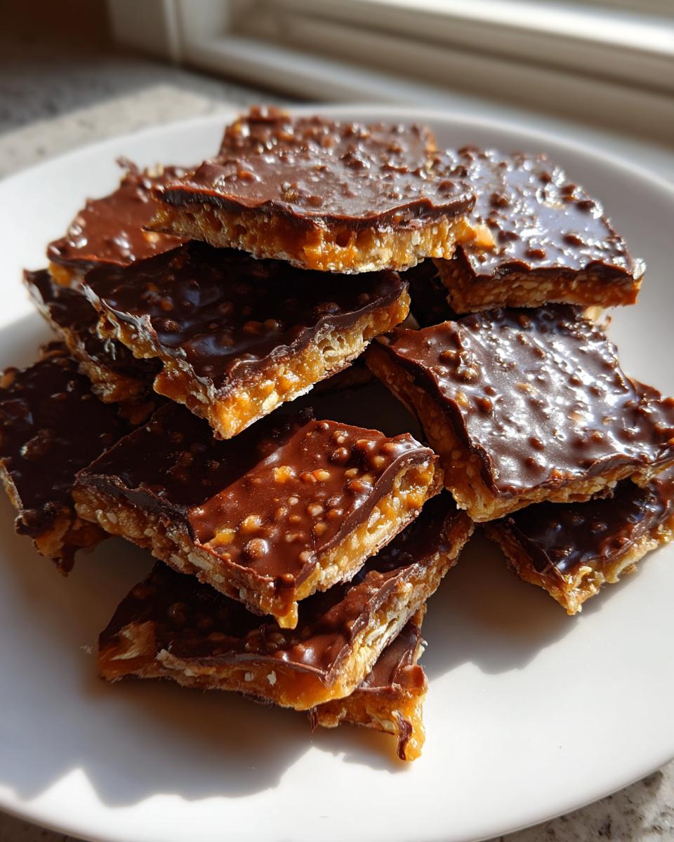 A stack of broken pieces of rich saltine cracker toffee topped with glossy, nutty chocolate.