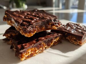 Close-up of stacked squares of rich saltine cracker toffee with a thick, bumpy chocolate topping.