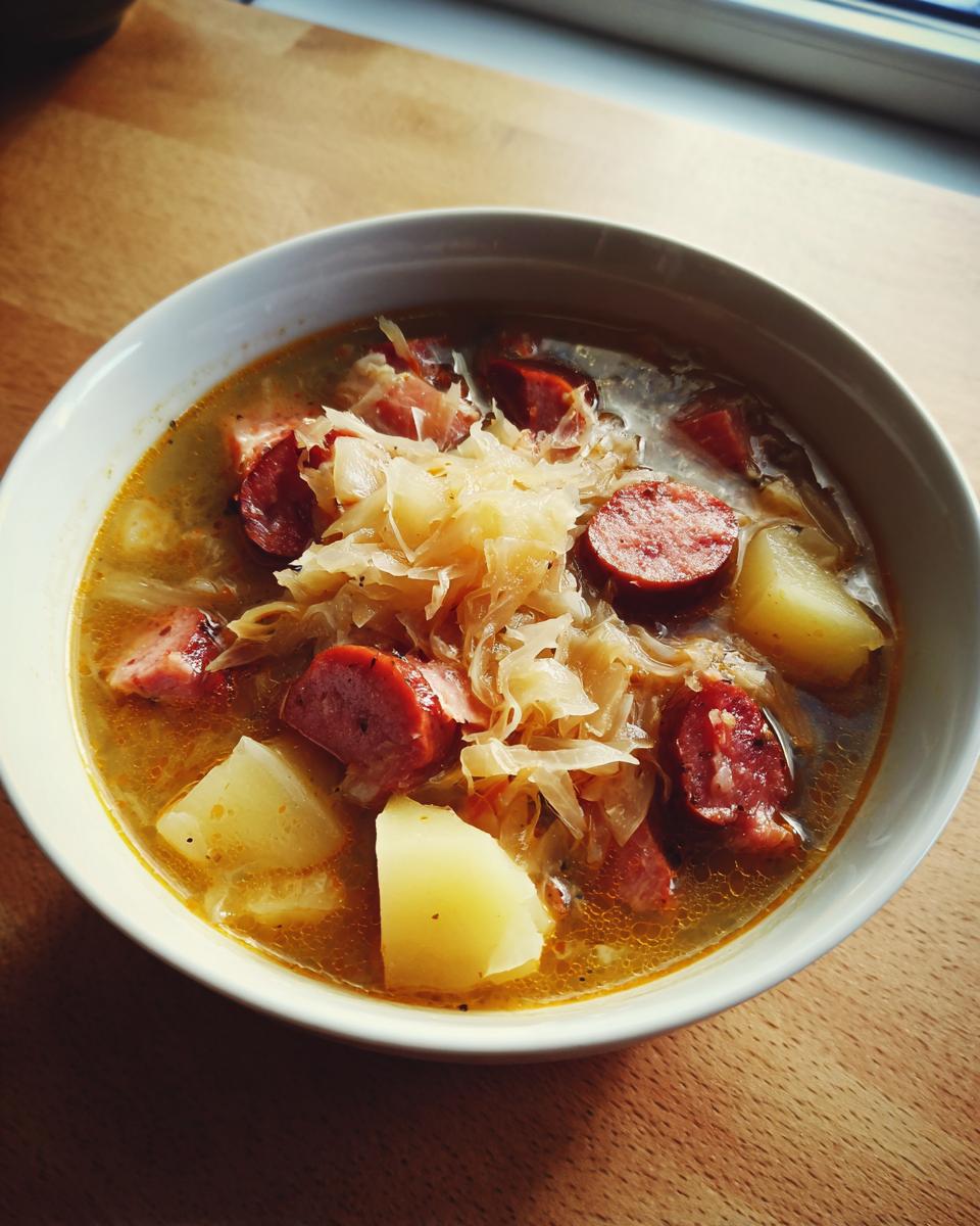A close-up of a white bowl filled with steaming sauerkraut soup, featuring chunks of sausage and potato.