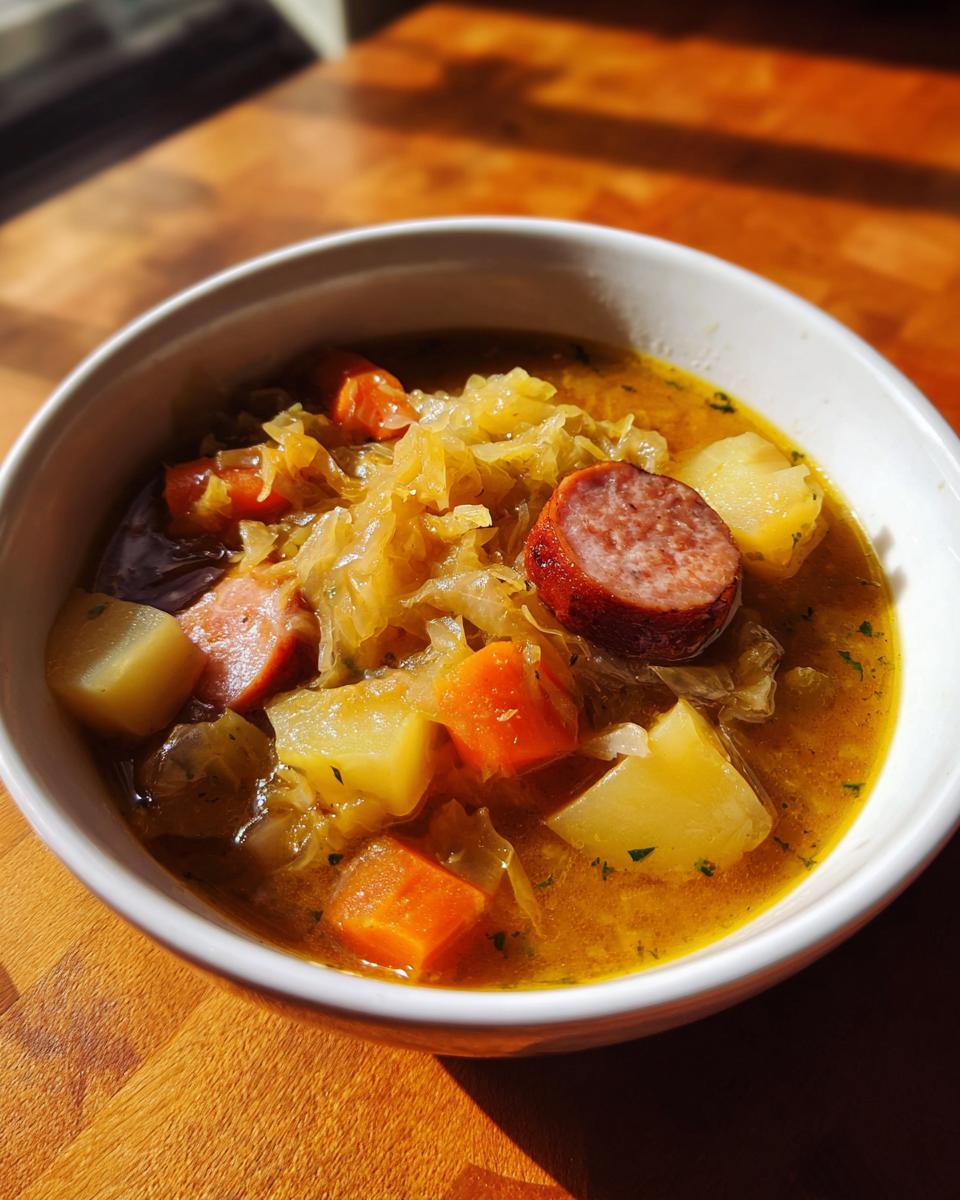Close-up of a white bowl filled with rich sauerkraut soup featuring chunks of potato, carrots, and sliced smoked sausage.