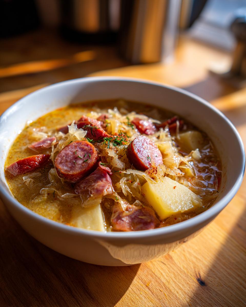 Close-up of a white bowl filled with rich sauerkraut soup, featuring slices of smoked sausage and chunks of potato.