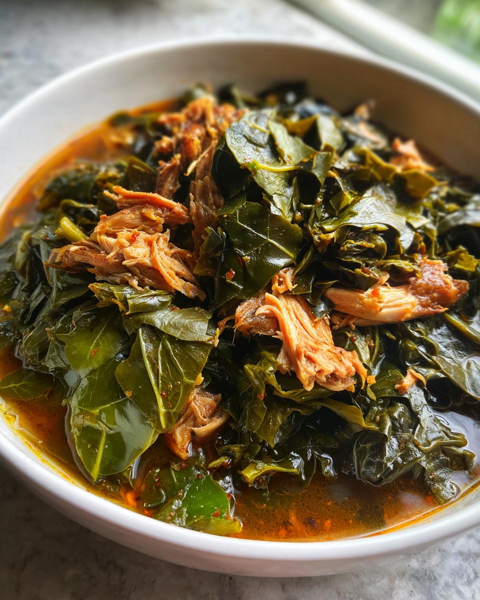 Close-up of a white bowl filled with rich, dark green collard greens stewed in flavorful broth, topped with shredded smoked meat.