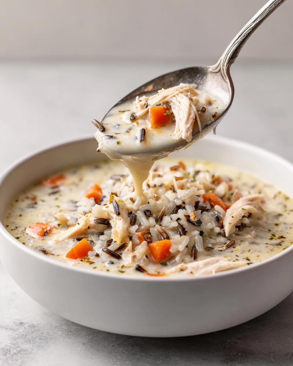 A spoonful of creamy chicken wild rice soup, rich with shredded chicken, carrots, and wild rice, being lifted from a white bowl.